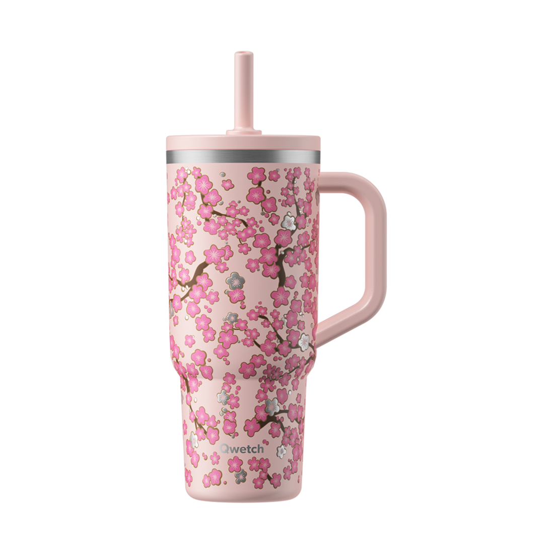 Qwetch Travel Cup met lekvrije dop - FLOWERS - Pastelroze - 900ml