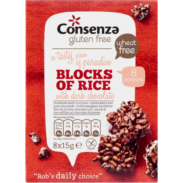 Consenza Rijstblokken met pure chocolade glutenvrij 120g