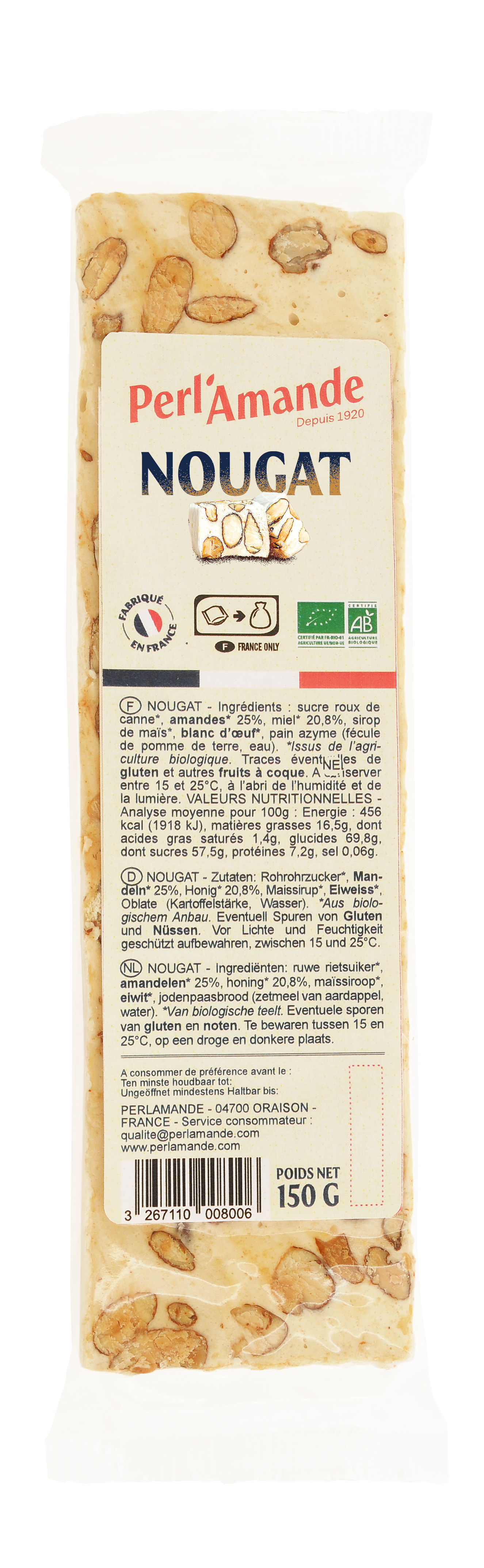 Perl'amande Nougat wit bio 150g