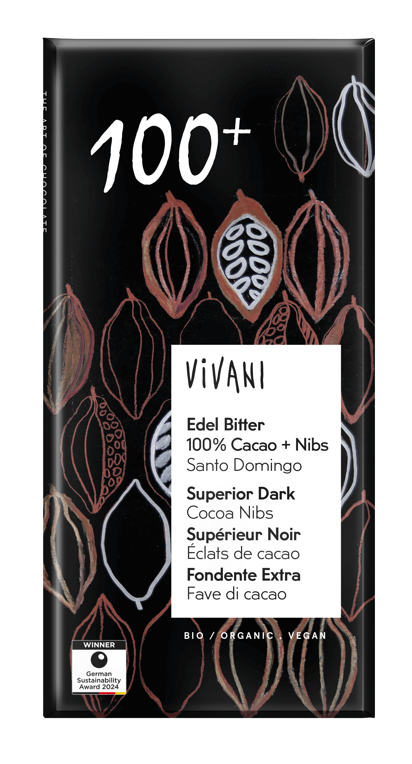 Vivani Chocolade puur superieur 100% cacao + nibs bio 80g