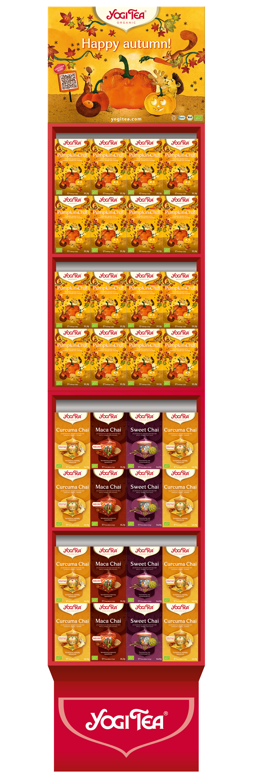 Yogi thee Pumpkin chai display gevuld bio (32x pumpkin chai, 18x curcuma chai, 8x maca chai)